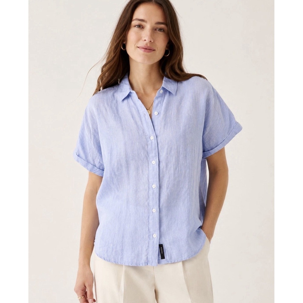 J.CREW Baird McNutt Irish Linen Blue Collared Button-Up Blouse Women's Medium